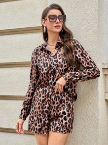 SHEIN Essnce Women's Summer Or Fall OutfitsLeopard Print Long Sleeve Button Up Shirt And Stylish Loose Casual Shorts, 2pcs/Set Button Down Shirt  - Mommy And Me Matching Outfits (Sold Separately) - Multicolor - View 10