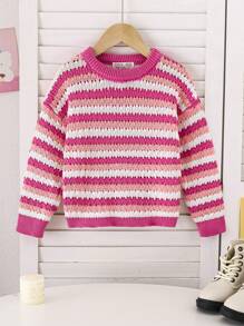 Girls' Sweater, Leisure & Fashionable, Sweet &  Style, Loose & Comfortable, Round Neckline, Suitable For Daily Wear, Vacation And School, Knitted, Autumn & Winter - Multicolor - View 1