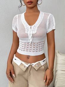 SHEIN Unity Lace Up Front Crop Pointelle Knit Top - White - View 3