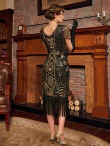 1920s Vintage Flapper Dresses For Women Fringed Great Gatsby Dresses Roaring 20s Dress With Sleeve Elegant Prom Semi Formal Wedding Guest Dress, For Birthday, Graduation, Homecoming - Black - View 3