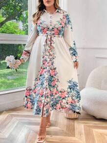 Celure Plus Size Floral Printed Belted Casual Loose Long Sleeve Dress Maxi Women Outfit Fall Cloth For Women