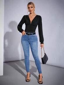SHEIN Tall Đen Trơn Cổ Chữ V Gợi Cảm Co Giãn Xù Lông Đèn Lồng Tay Dài Body Áo Liền Quần Dành Cho Người Lớn - màu đen - Xem 7
