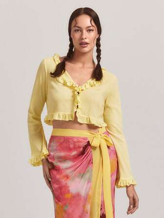 SHEINNeu Ruffle Trim Flare Sleeve Crop Jacket For Spring & Summer