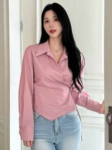 DAZY 純色交叉前系腰長袖女襯衫 - 粉色 - 查看 5