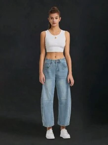 Jeans casual a gamba affusolata, pantaloni a carota, jeans blu casual e ampi, pantaloni in denim 7/8 da donna, outfit alla moda per primavera/estate