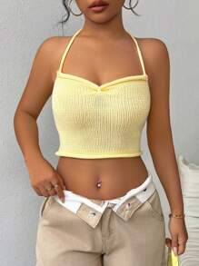 SHEIN Unity Top de punto unicolor y sencillo con cuello halter para uso diario de mujer - Amarillo - Ver 3