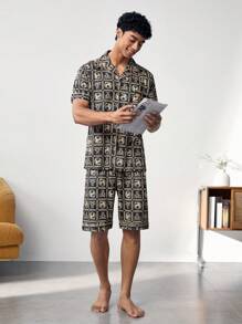 Conjunto de ropa interior para hombre con estampado de manga corta y pantalones cortos