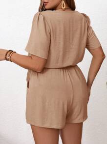 SHEIN Frenchy Plus Size Bridgerton Women's Summer Solid Color V-Neck Short Puff Sleeve Casual Romper