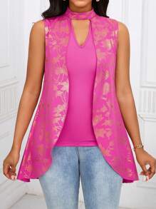 SHEIN Lady Women's Floral Jacquard Keyhole Neckline Asymmetrical Hem Blouse, Summer Elegant Party Pink Gold Sleeveless Top, Office Work Teacher Top - Hot Pink - View 1