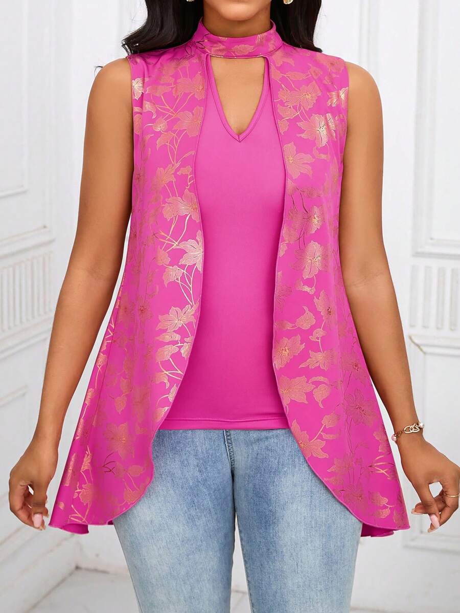SHEIN Lady Women's Floral Jacquard Keyhole Neckline Asymmetrical Hem Blouse, Summer Elegant Party Pink Gold Sleeveless Top, Office Work Teacher Top - Hot Pink - View 1