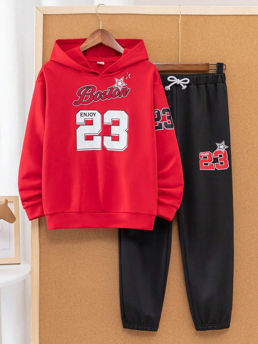 Conjunto de 2 piezas de sudadera con capucha y pantalón de chándal con estampado de números y letras para niño preadolescente, de felpa y con refuerzo - Multicolor - Ver 1