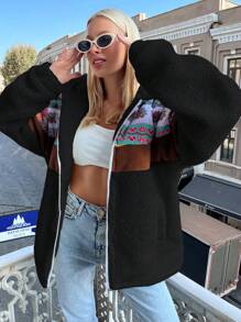 EURMUSE Women's Paisley Printed Colorful Hooded Jacket Y2k