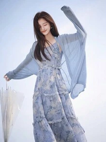 RUIWY 宽松 V 领轻质女式开衫，设计简约百搭，长袖 - 藍色 - 查看 1
