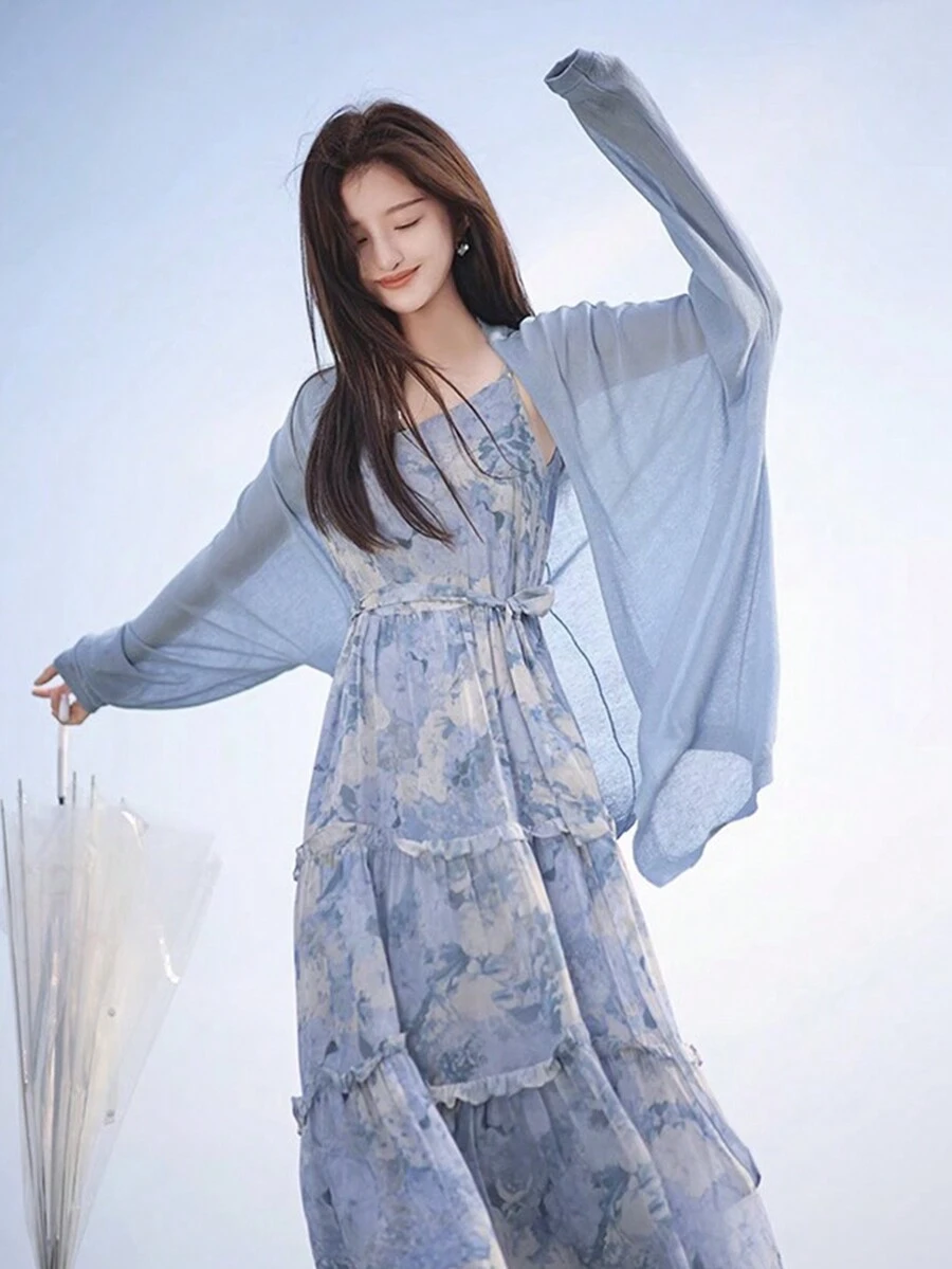 RUIWY 宽松 V 领轻质女式开衫，设计简约百搭，长袖 - 藍色 - 查看 1