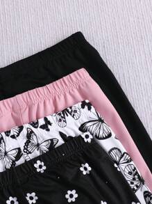 SHEIN 4 cái/bộ Quần legging dệt kim màu trơn và quần legging dệt kim họa tiết con bướm cho các cô gái tuổi teen, thường ngày - Màu Hồng baby - Xem 5