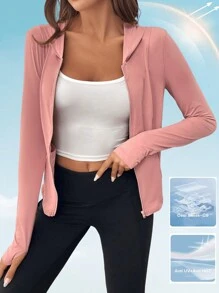 SHEIN LUNE High-End Women's Fitness Jacket, Outdoor Running Slimming Pink Long Sleeve Hooded Summer / Early Autumn Sports Sunscreen Coat With UV Protection And Cooling Comfort Fall Clothes Leopard Fall Tops Fall Outfits