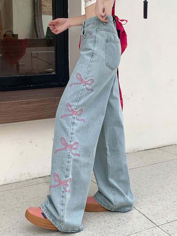 Women Bow Print Zipper Fly Jeans