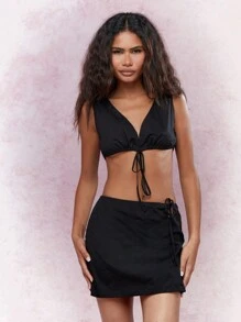 MISSGUIDED V Neck Tying Detail Crop Tank Top And Mini Skirt Co-Ord Set - Black - View 1