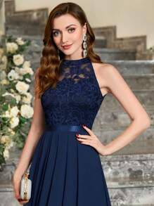 MIUSOL Halter Neck Lace Pleated Hem Chiffon Formal Party Dress