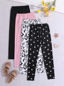 SHEIN 4 cái/bộ Quần legging dệt kim màu trơn và quần legging dệt kim họa tiết con bướm cho các cô gái tuổi teen, thường ngày - Màu Hồng baby - Xem 2