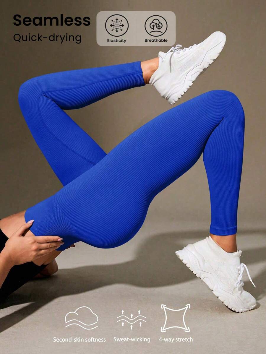 Core Rhythm Solid Color High Waist Sports Leggings Yoga Women Pants - Royal Blue - View 1
