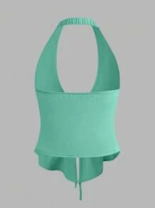 SHEIN Unity Women's Simple Solid Color Daily Wear Halter Neck Tie Sleeveless Top - Green - View 2