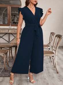 SHEIN LUNE 加大號荷葉邊袖裝飾配腰帶闊腿連身褲 - 藏蓝色 - 查看 5