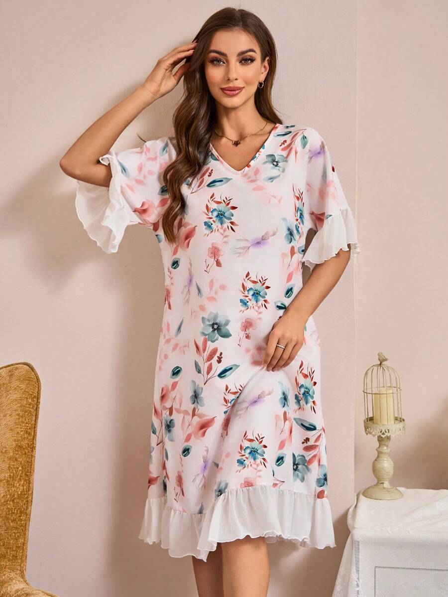 女式大码 V 领睡裙 大花卉印花睡衣裙 - 彩色 - 查看 1