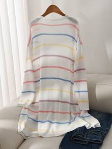 SHEIN Essnce Plus Size Loose Long Sleeve Striped Cardigan In Multiple Colors - Multicolor - View 8