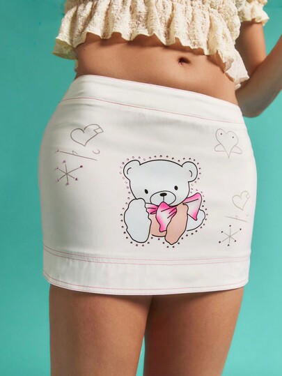 SHEINNeu Shorts blancos, mini falda, faldas para mujeres, falda linda, Brandy, Cuatro de Julio, falda de pompones, estampado, oso, lindo estampado, brillante