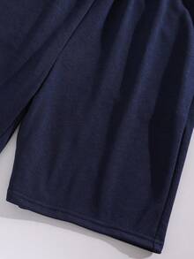 Ensemble pour garçons décontracté style coréen avec débardeur à capuche imprimé de lettres, shorts et t-shirt à col rond et à manches courtes. Tenue tricotée trois pièces pour enfants/tweens - bleu indigo - Voir 13