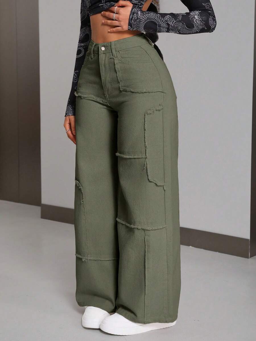 SHEIN PETITE Women's Loose Fit Casual Wide Leg Denim Jeans With Frayed Hem Patchwork - Green - View 1