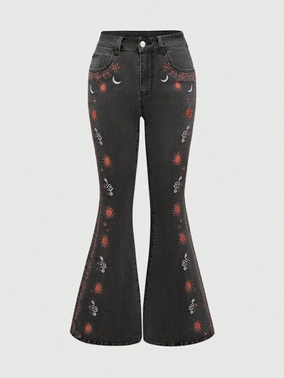 جينز ممتلئ مطرز بتصميم الشمس والقمر والنجوم والكواكب، مدرسة