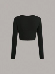 SHEIN EZwear 3pcs Basic Casual Round Neck Fleece Brushed Long Sleeve T-Shirt Crop Tops Set For Fall/Winter