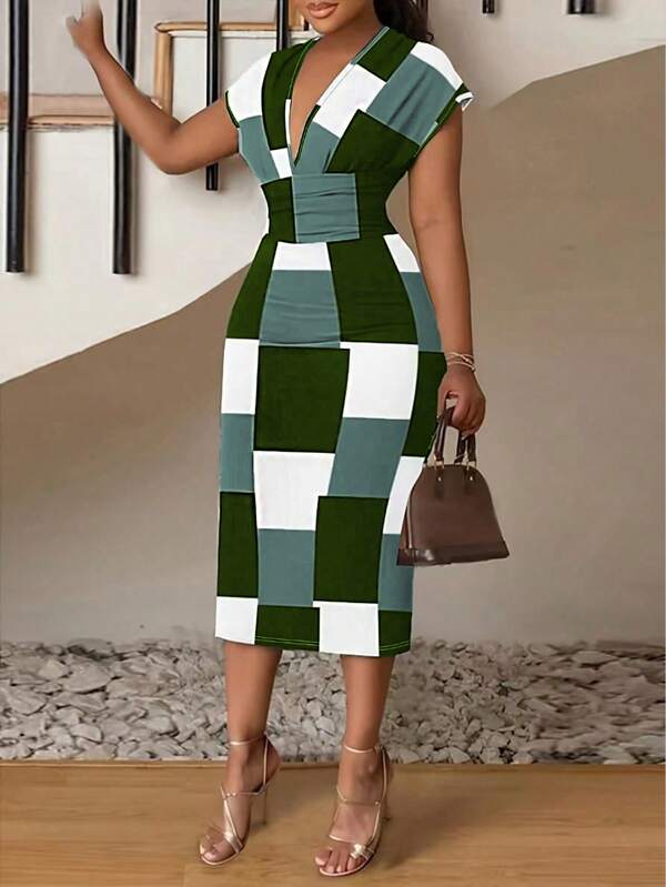 Lyxana Women's Plaid Minimalist Daily Short Sleeve Dress Maxi Women Outfit