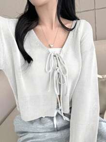 DAZY Áo sơ mi nữ tay dài đơn giản hàng ngày màu trơn buộc phía trước, quần áo nữ mùa thu - trắng - Xem 7