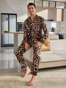Men's Leopard Printed Elastic Long Sleeve Top & Long Pants Pajama Set, Fall Clothes - Multicolor - View 1