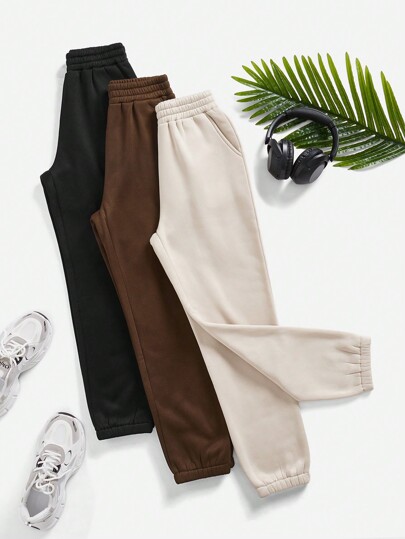 Easithlete 3pcs Solid Elastic Waist Sports Pants