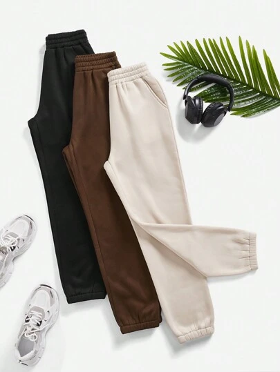 Easithlete 3pcs Solid Elastic Waist Sports Pants