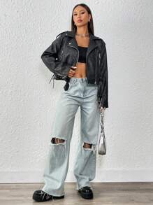 Flirla 女士春秋季水洗色長袖前拉鍊機車夾克 - 黑色 - 查看 1