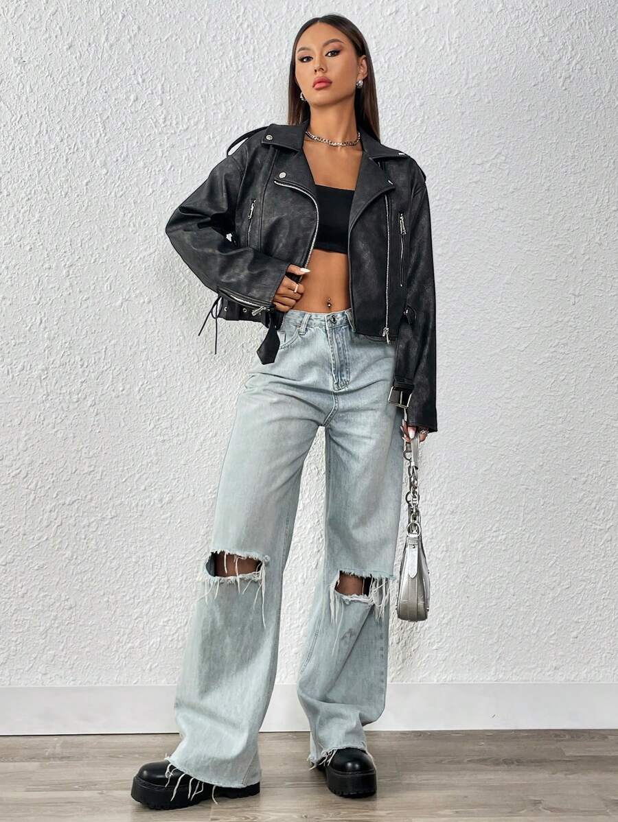 Flirla 女士春秋季水洗色長袖前拉鍊機車夾克 - 黑色 - 查看 1