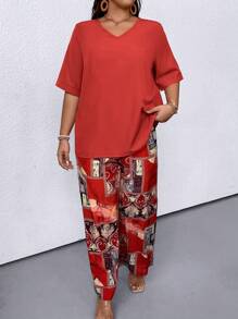 Conjunto de 2 piezas de pantalones anchos de pierna ancha con estampado floral y blusa de manga corta con cuello en V de unicolor para mujer de talla grande para ropa de Año Nuevo - Rojo - Ver 1