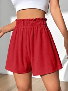 SHEIN Unity Solid Color Paper Bag Waist Casual Wide-Leg Shorts For New Year Clothes - Red - View 3