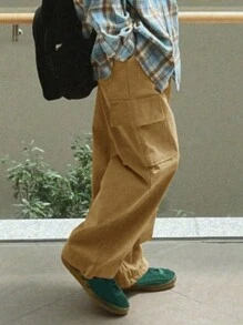 DAZY Men Flap Pocket Side Drawstring Waist Cargo Pants Back To School Men Joggers - Khaki - View 2