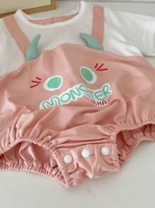 Baby Girl Short Sleeve Cute Monster Printed Bodysuit For Summer - Pink - View 6
