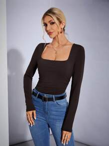 SHEIN Tall Knitted High Elastic Four-Way Stretch Women's Bodysuit - Brown - View 7