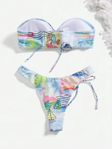 SHEIN Swim 女式夏季沙灘花印空心綁帶比基尼套裝 - 彩色 - 查看 2