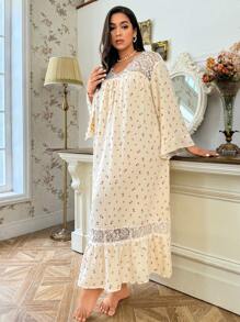 CottageSlumber 中长加大码睡衣裙，采用亲肤面料制成，宫廷风格，长裙舒适优雅，适合秋季 - 杏色 - 查看 8