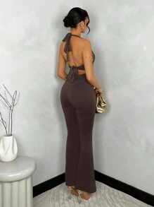 SHEIN BAE Bộ áo liền quần bó sát dây trang trí bằng kim loại có chi tiết cutout dành cho nữ - Cà phê nâu - Xem 2