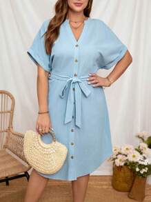 SHEIN LUNE Robe chemise en lin de vacances de couleur unie grande taille - Bleu gris - Voir 4